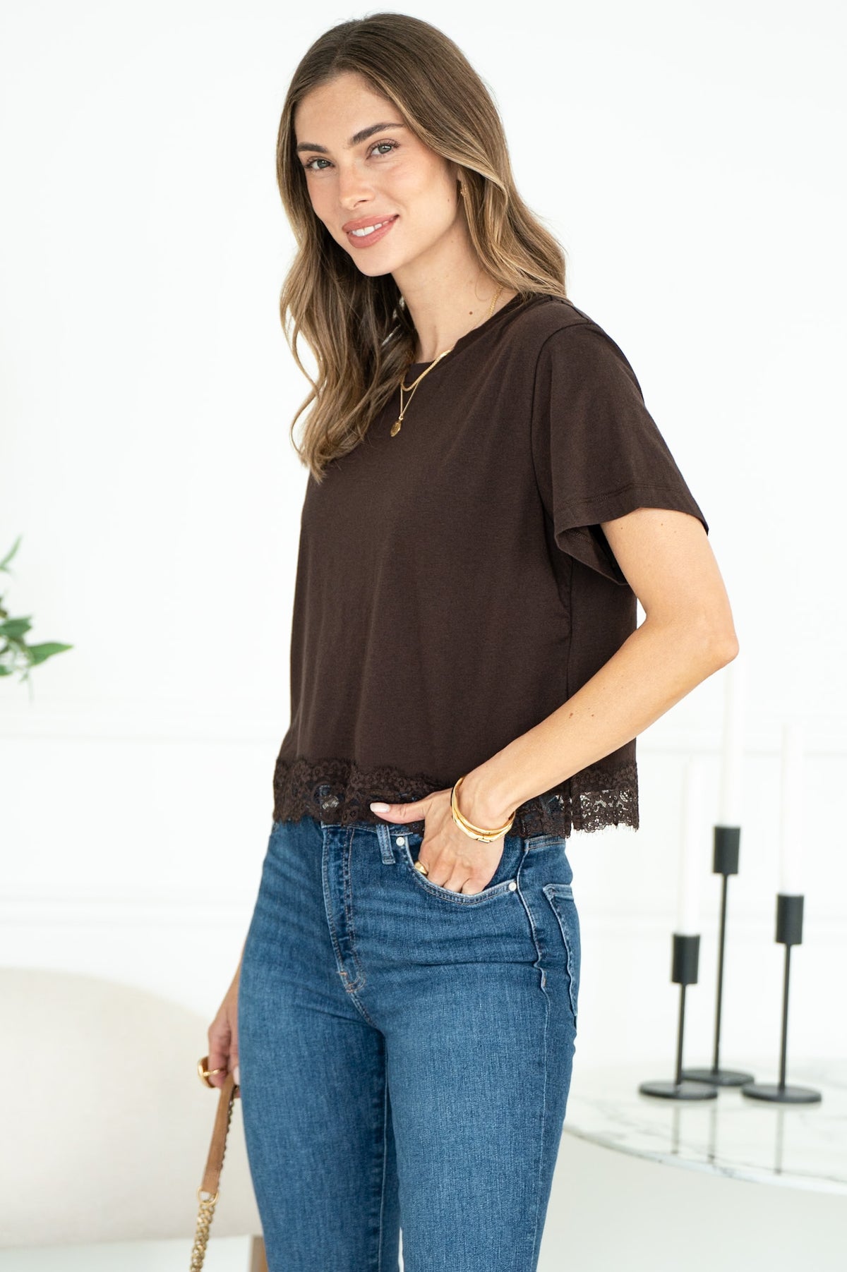 LAINEY LACE TRIM TEE IN JAVA