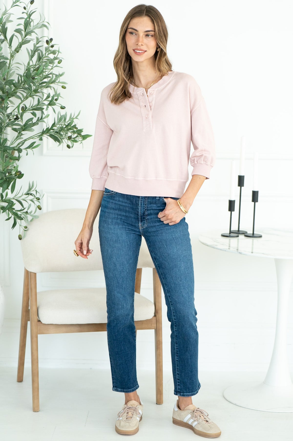 MINA COTTON MODAL 3/4 SLEEVE HENLEY PULLOVER