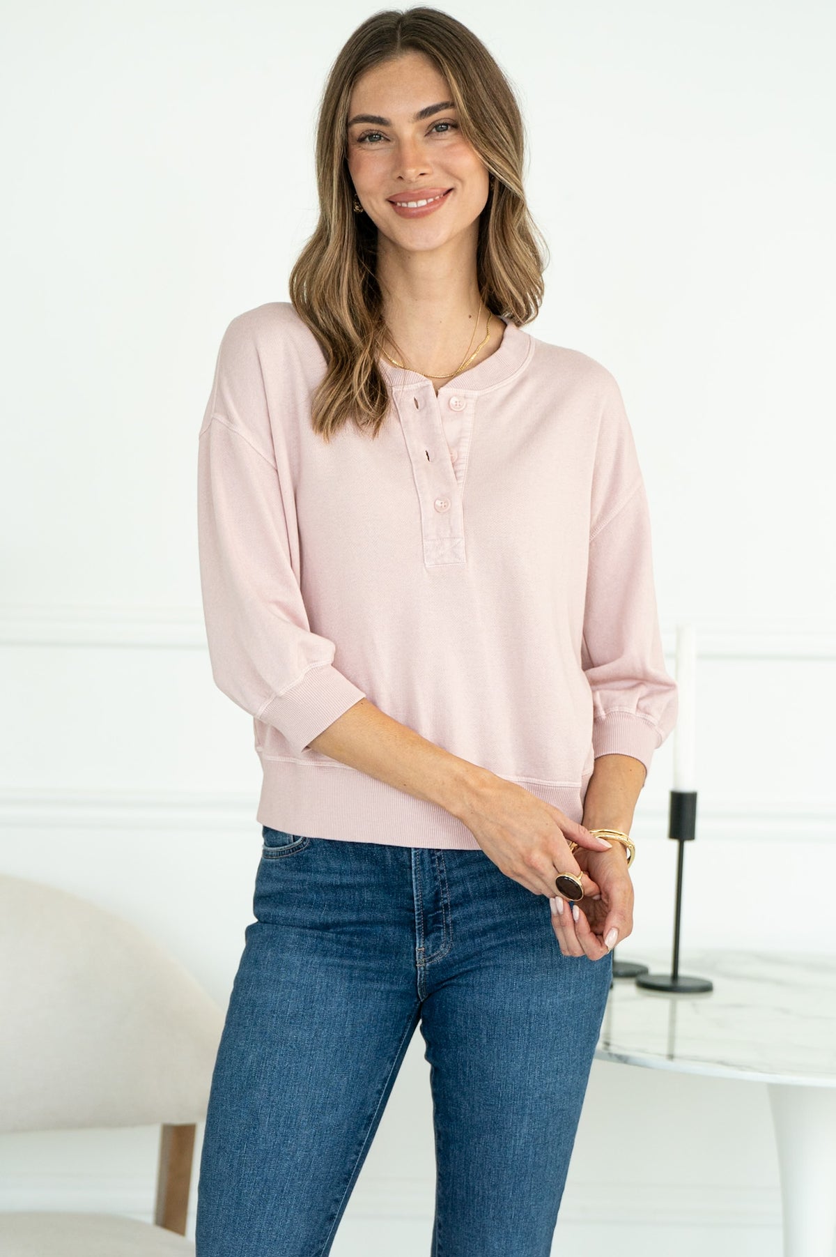 MINA COTTON MODAL 3/4 SLEEVE HENLEY PULLOVER