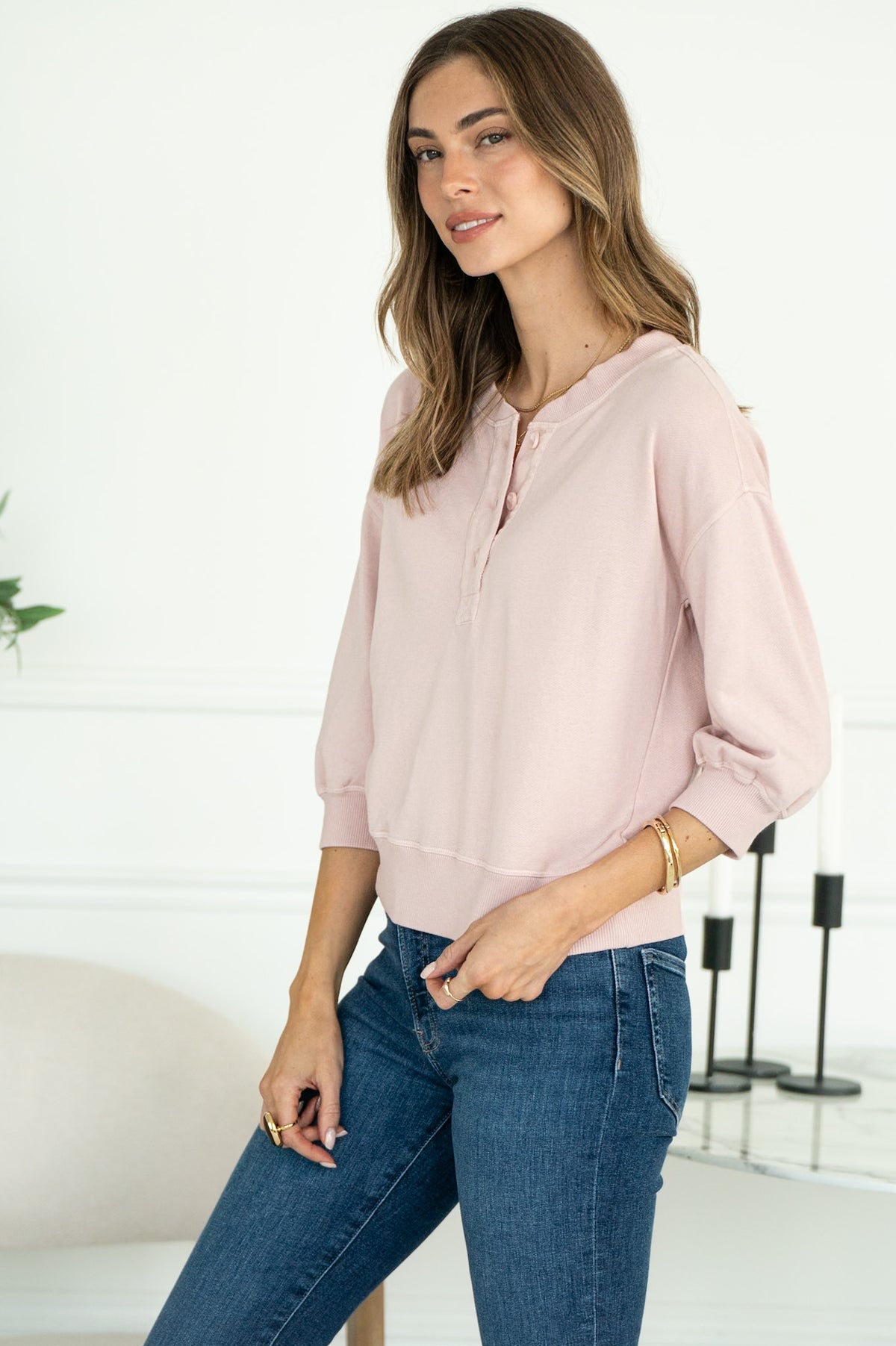 MINA COTTON MODAL 3/4 SLEEVE HENLEY PULLOVER