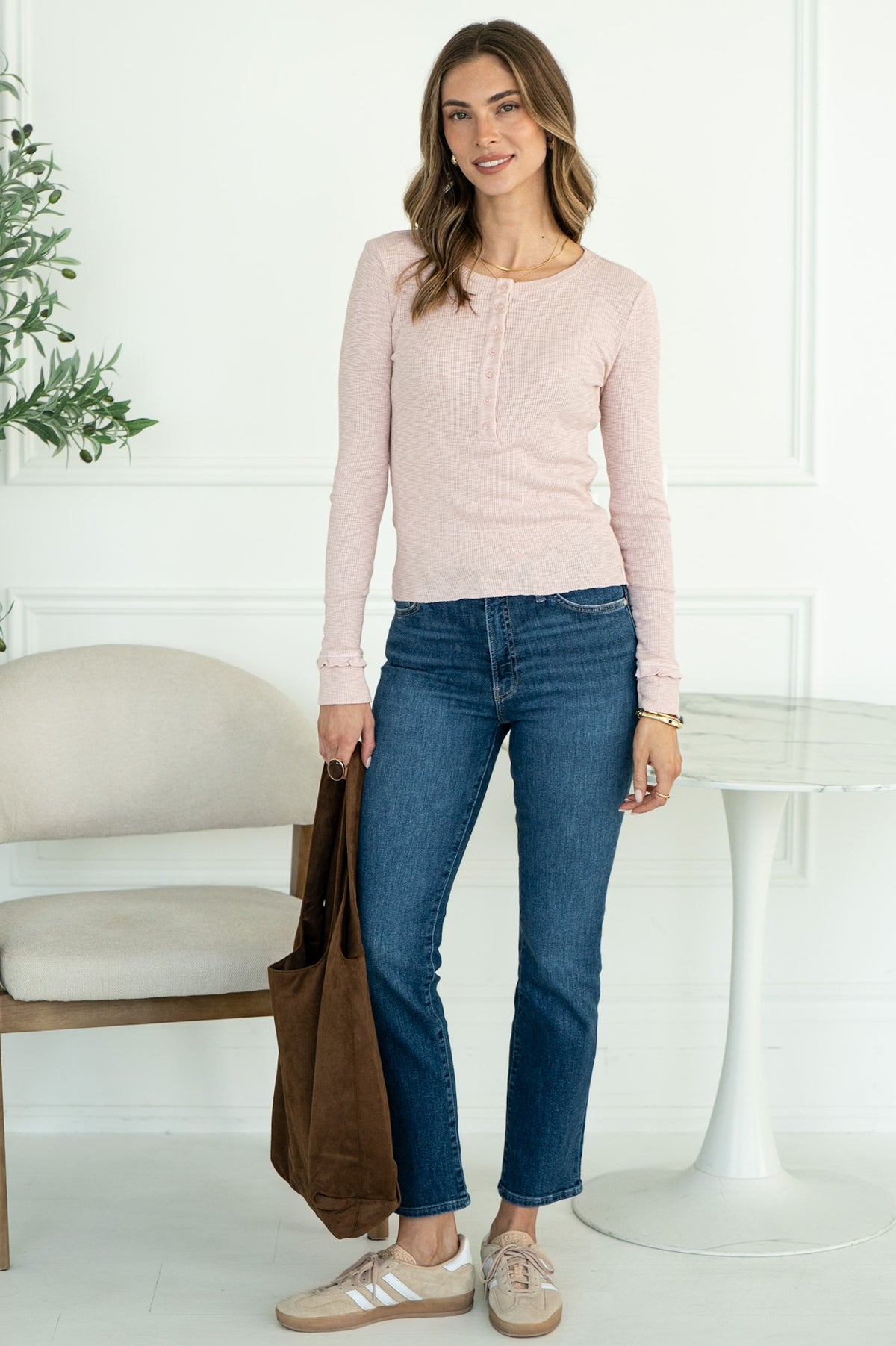 KENLEY COTTON MODAL RUFFLE CUFF HENLEY IN DUSTY PINK