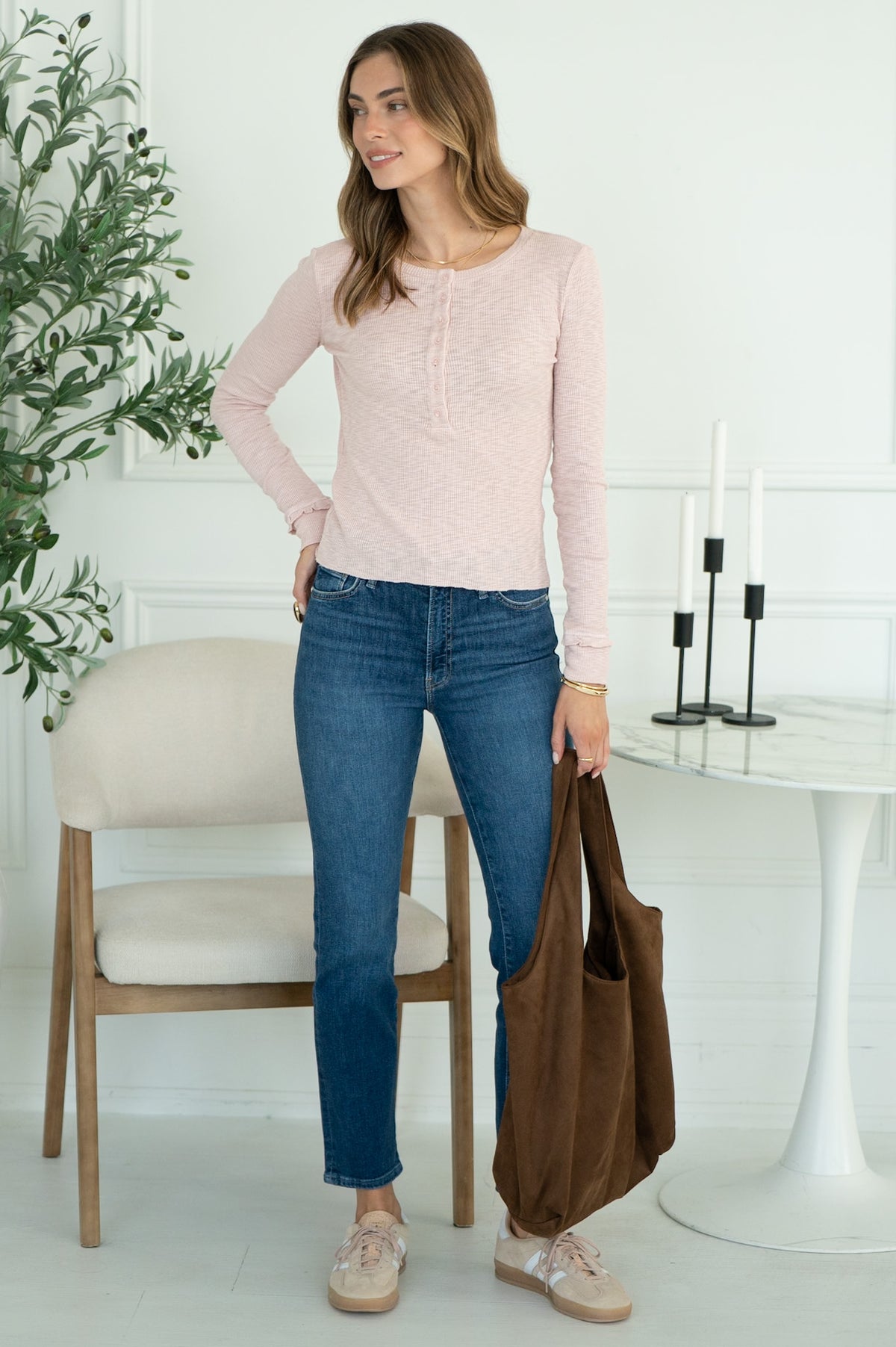 KENLEY COTTON MODAL RUFFLE CUFF HENLEY IN DUSTY PINK