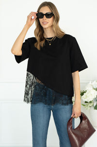SASKIA COTTON TEE W/LACE BOTTOM IN BLACK