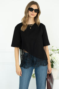 SASKIA COTTON TEE W/LACE BOTTOM IN BLACK