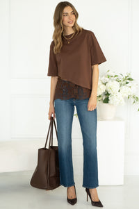 SASKIA COTTON TEE W/LACE BOTTOM IN BROWN