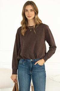 LONG WEEKEND COTTON BUBBLE HEM SWEATSHIRT IN BROWN