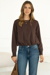 LONG WEEKEND COTTON BUBBLE HEM SWEATSHIRT IN BROWN