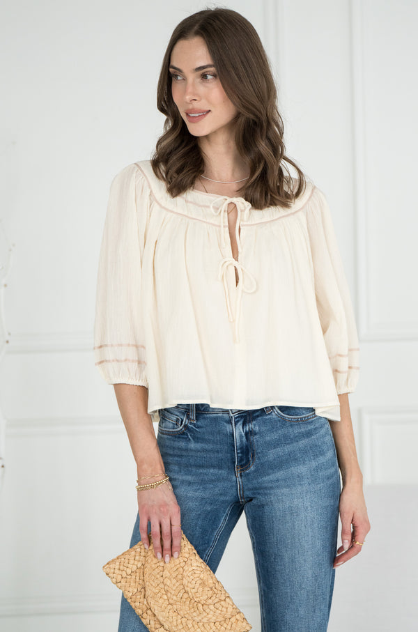 SILVERWOOD TIE FRONT COTTON BLOUSE