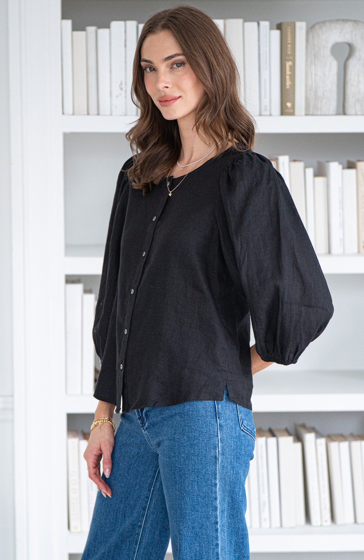 SILA 3/4 SLV LINEN BLOUSE-BK