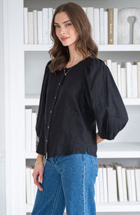 SILA 3/4 SLV LINEN BLOUSE-BK