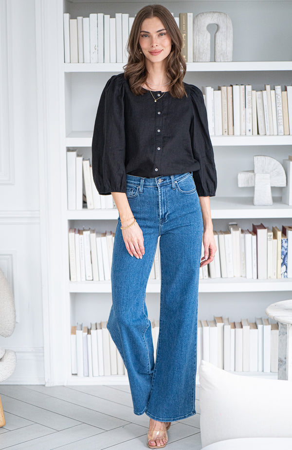 SILA 3/4 SLV LINEN BLOUSE-BK