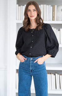 SILA 3/4 SLV LINEN BLOUSE-BK