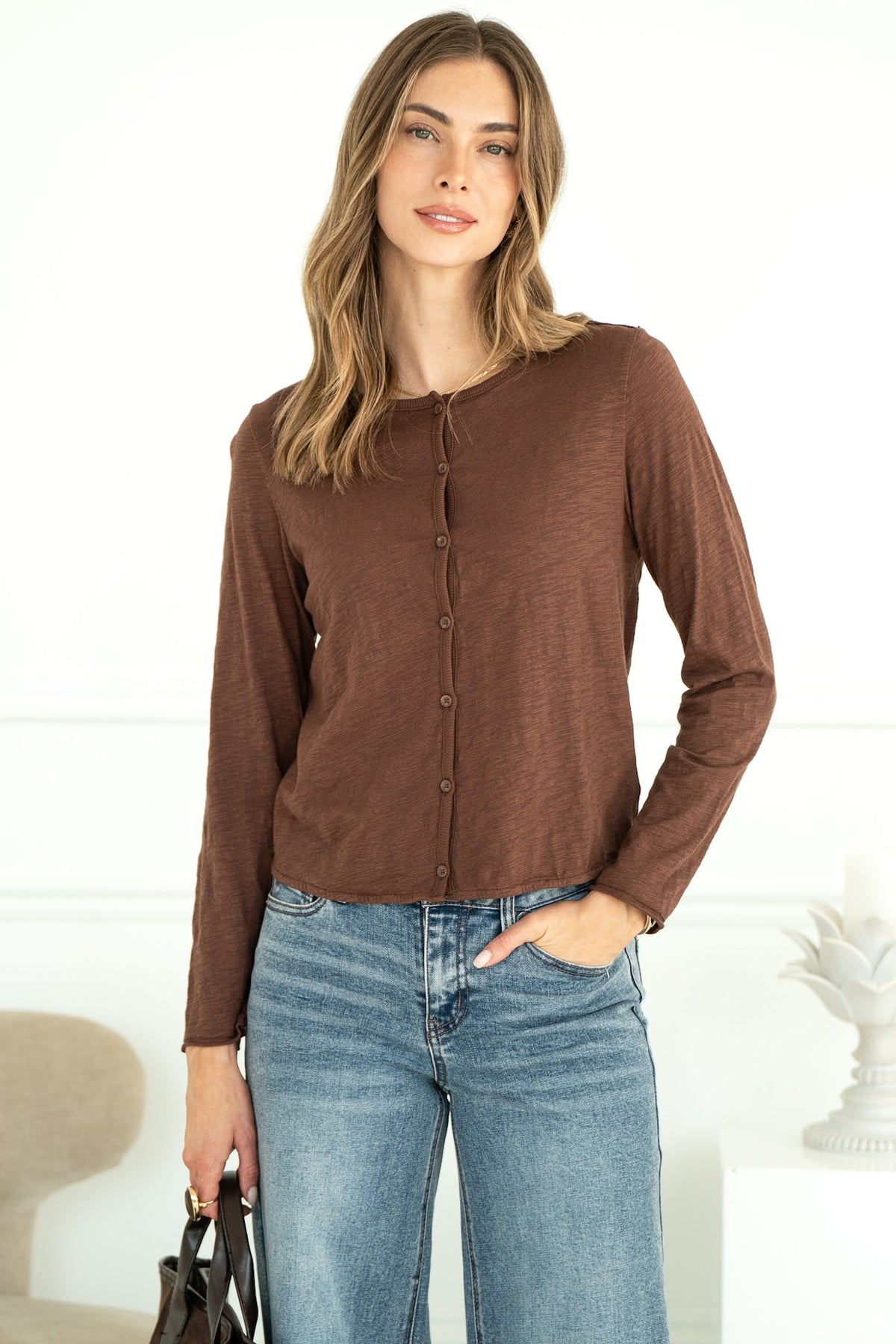 DYLAN COTTON CARDIGAN IN BROWN