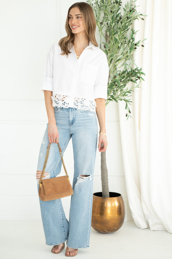 EXA COTTON POPLIN TOP WITH CROCHET TRIM-WH