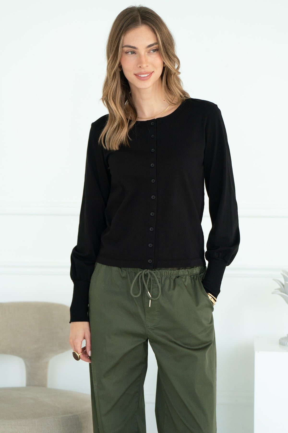 POSITANO COTTON MITERED BACK CARDIGAN IN BLACK