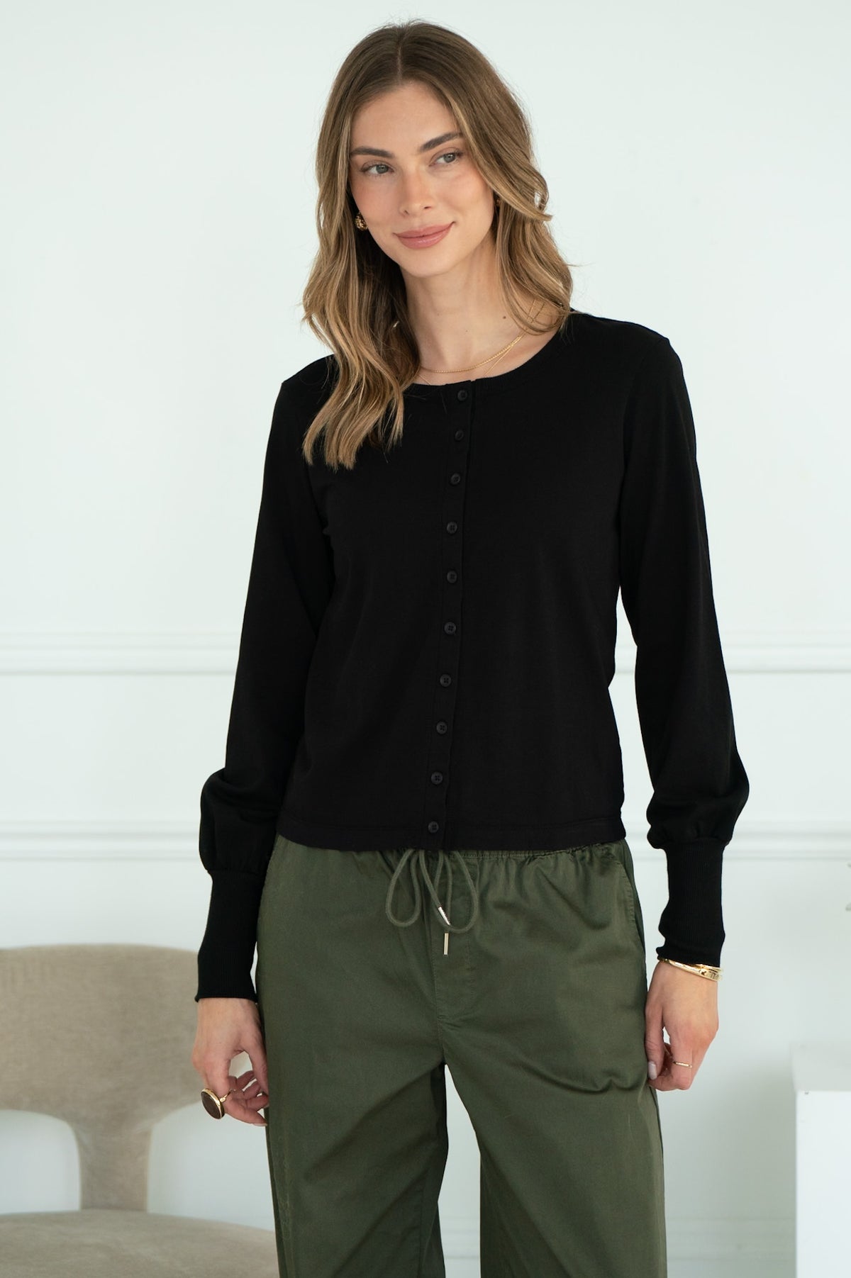 POSITANO COTTON MITERED BACK CARDIGAN IN BLACK