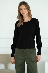 POSITANO COTTON MITERED BACK CARDIGAN IN BLACK