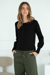 POSITANO COTTON MITERED BACK CARDIGAN IN BLACK