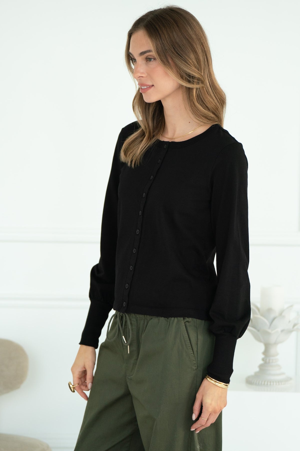 POSITANO COTTON MITERED BACK CARDIGAN IN BLACK