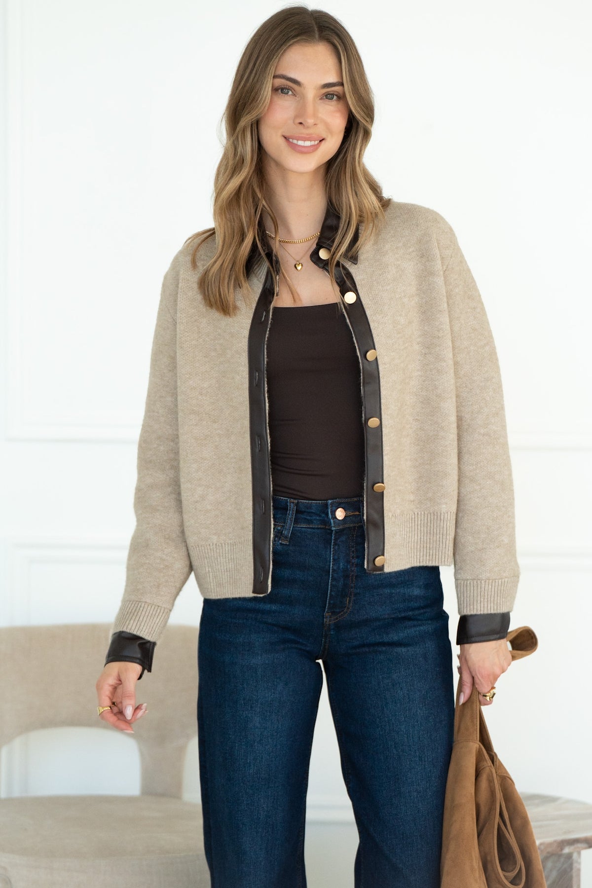 OTTILLIE FAUX LEATHER TRIM CARDIGAN
