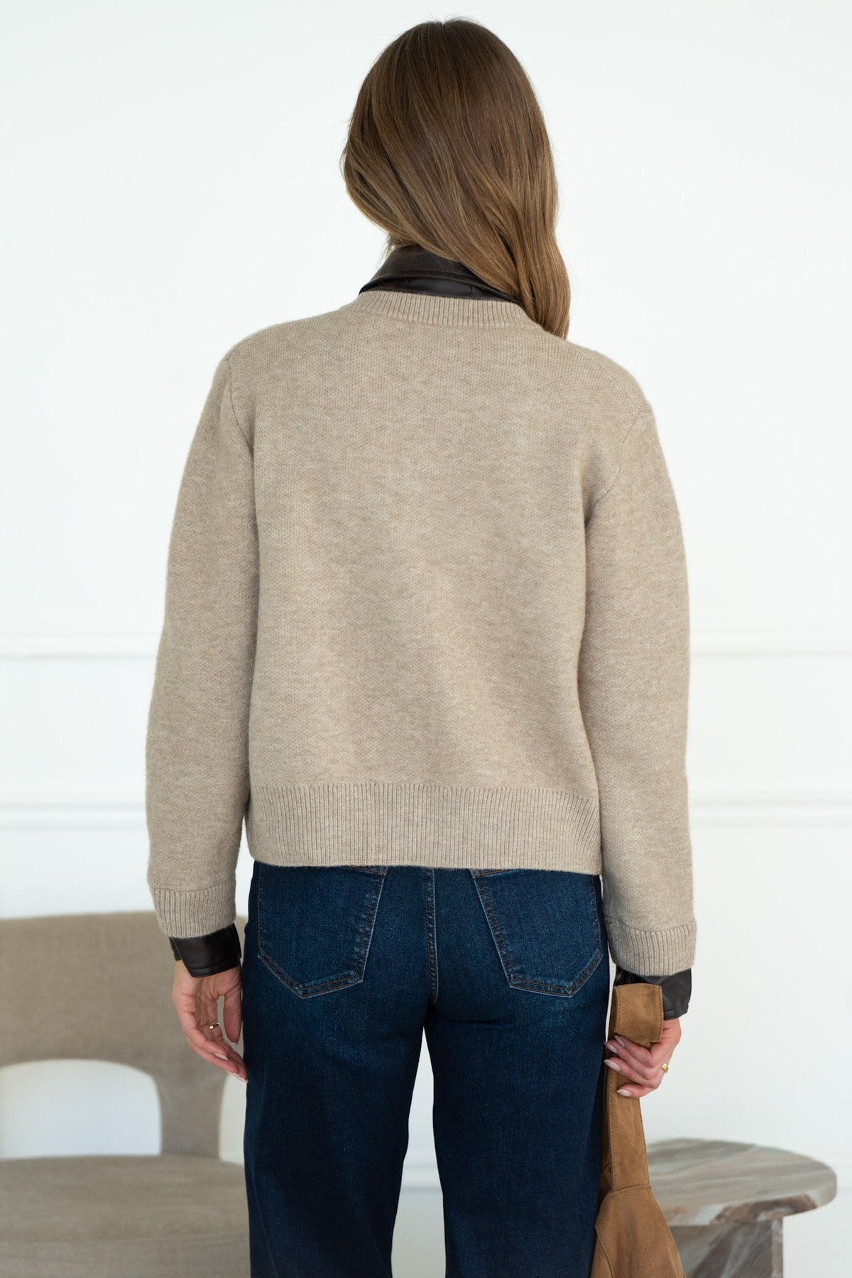 OTTILLIE FAUX LEATHER TRIM CARDIGAN