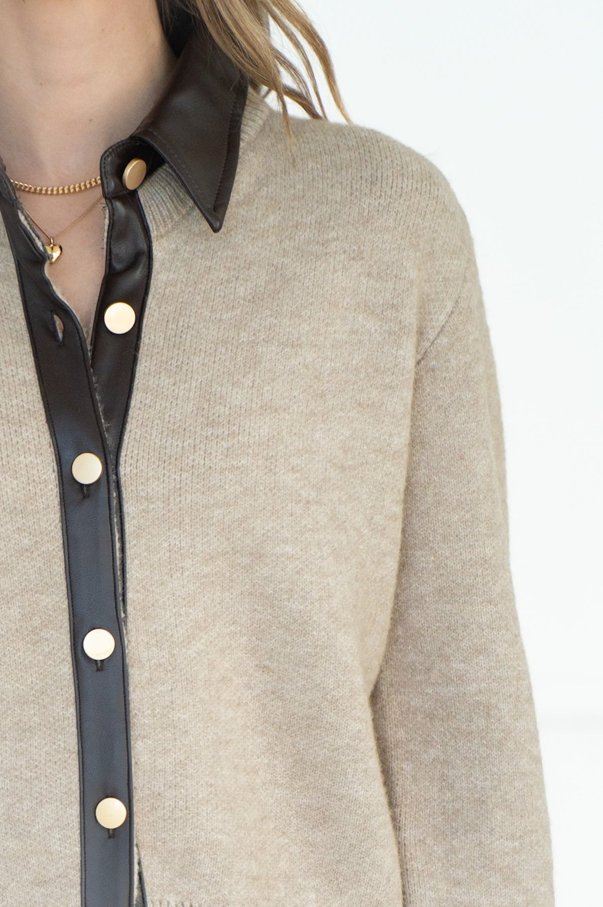 OTTILLIE FAUX LEATHER TRIM CARDIGAN