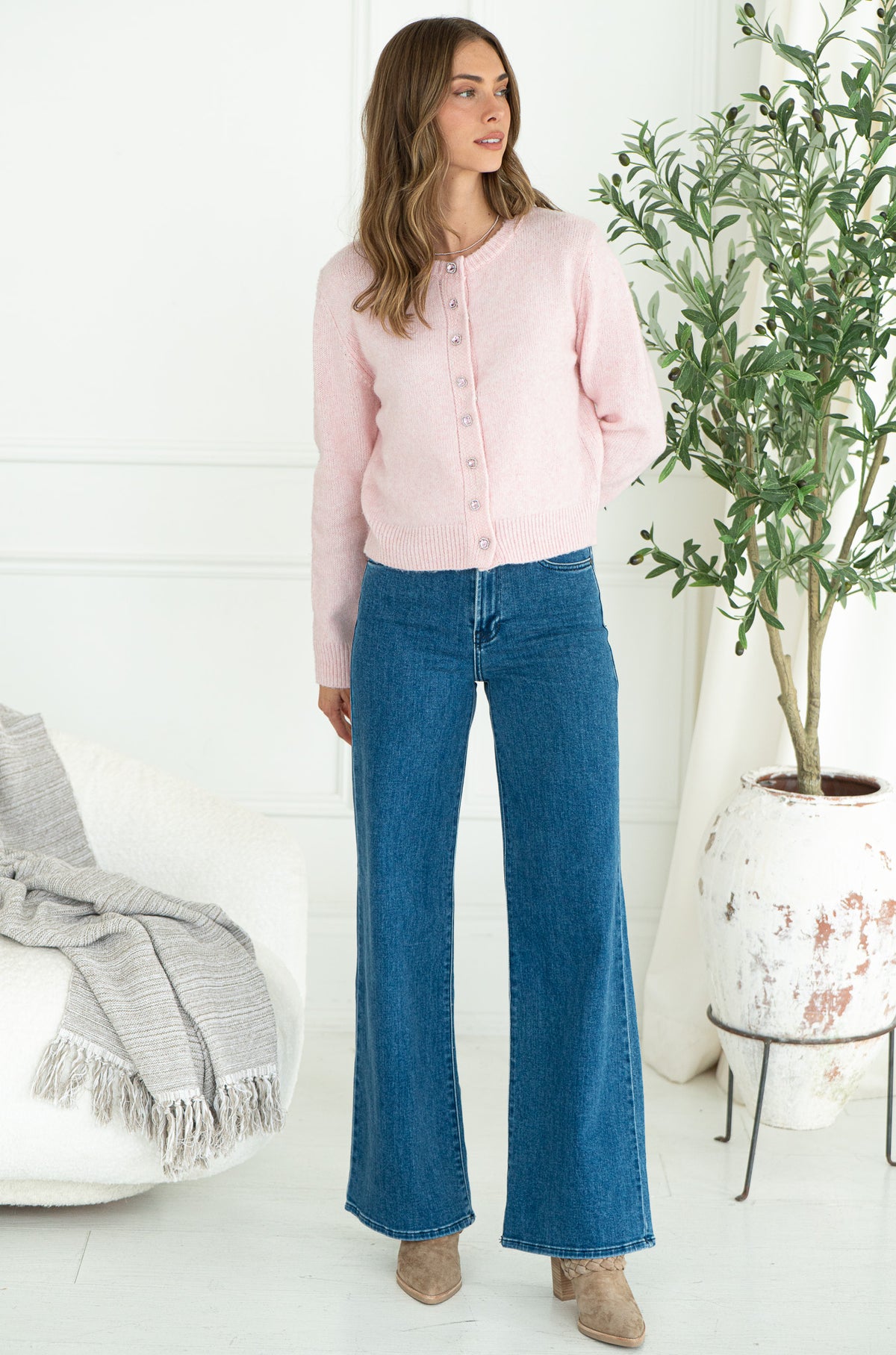 AISHA CRYSTAL BUTTON SWEATER-PI