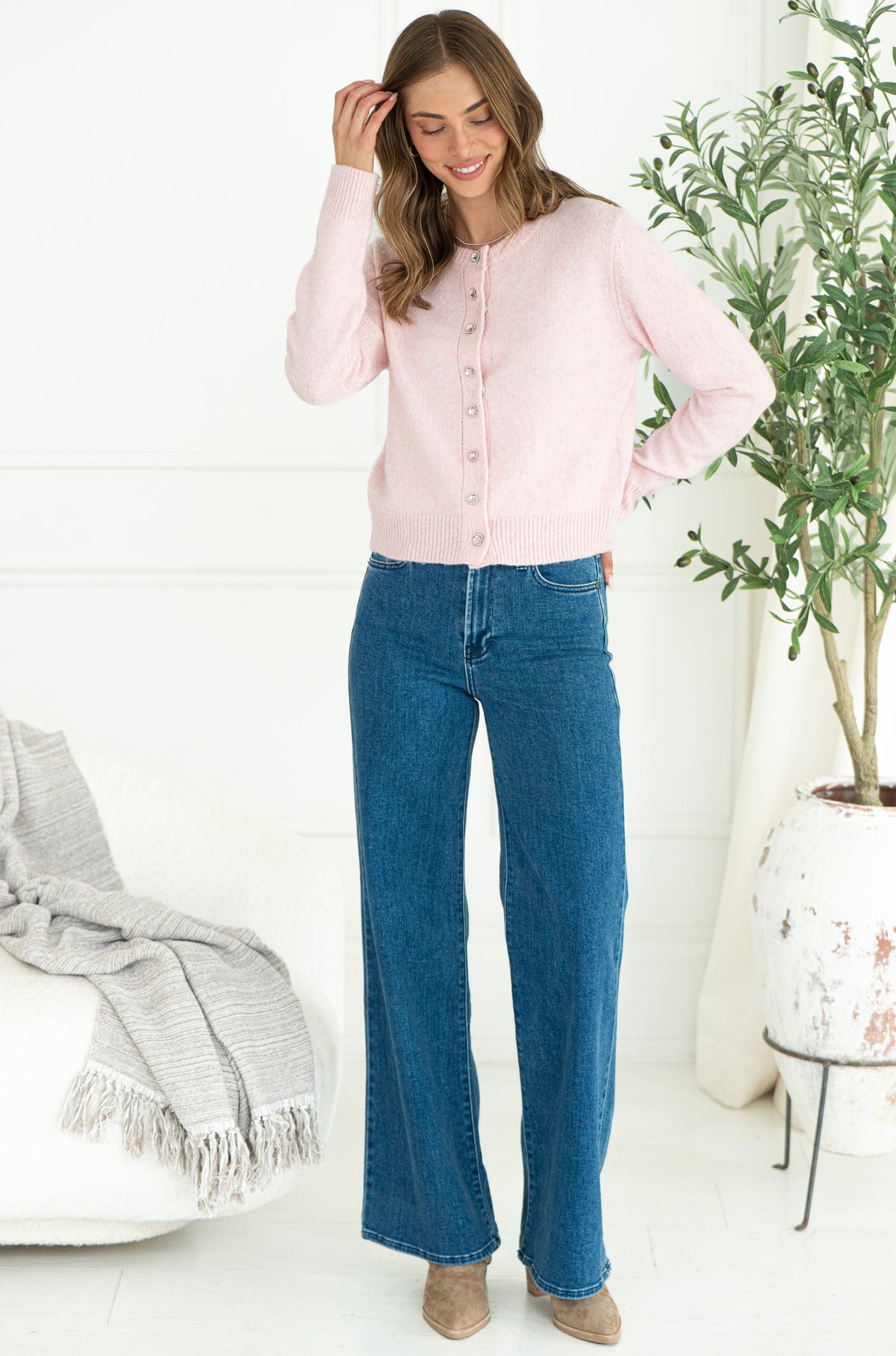 AISHA CRYSTAL BUTTON SWEATER-PI