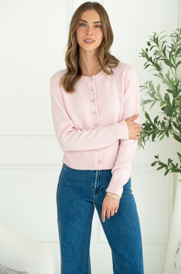 AISHA CRYSTAL BUTTON SWEATER-PI