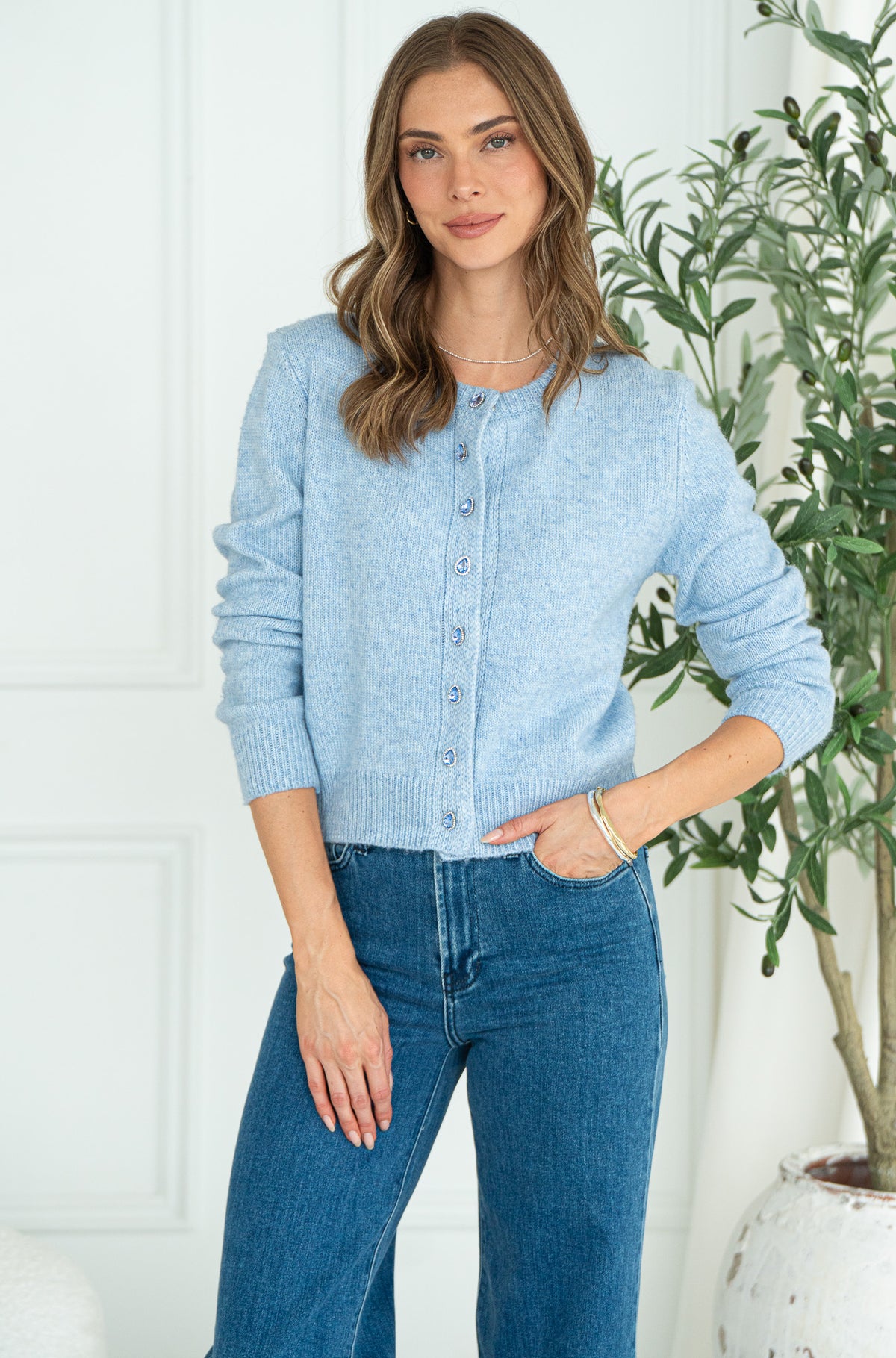 AISHA CRYSTAL BUTTON SWEATER-BL