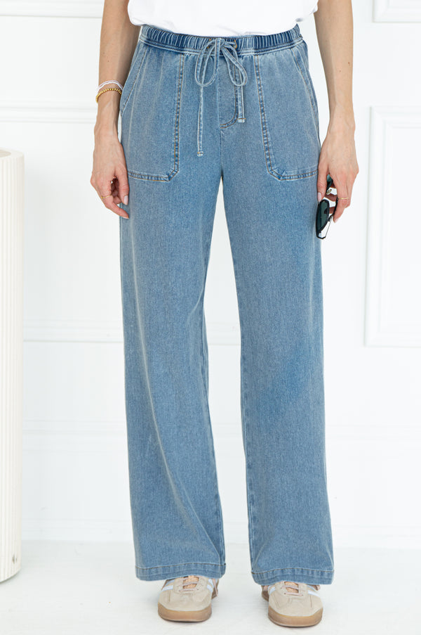 JAGGER KNIT DENIM WIDE LEG PANTS