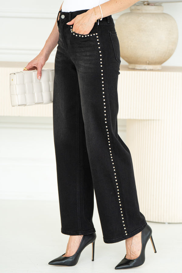 OLIVIA STUD WIDE LEG JEANS-BK