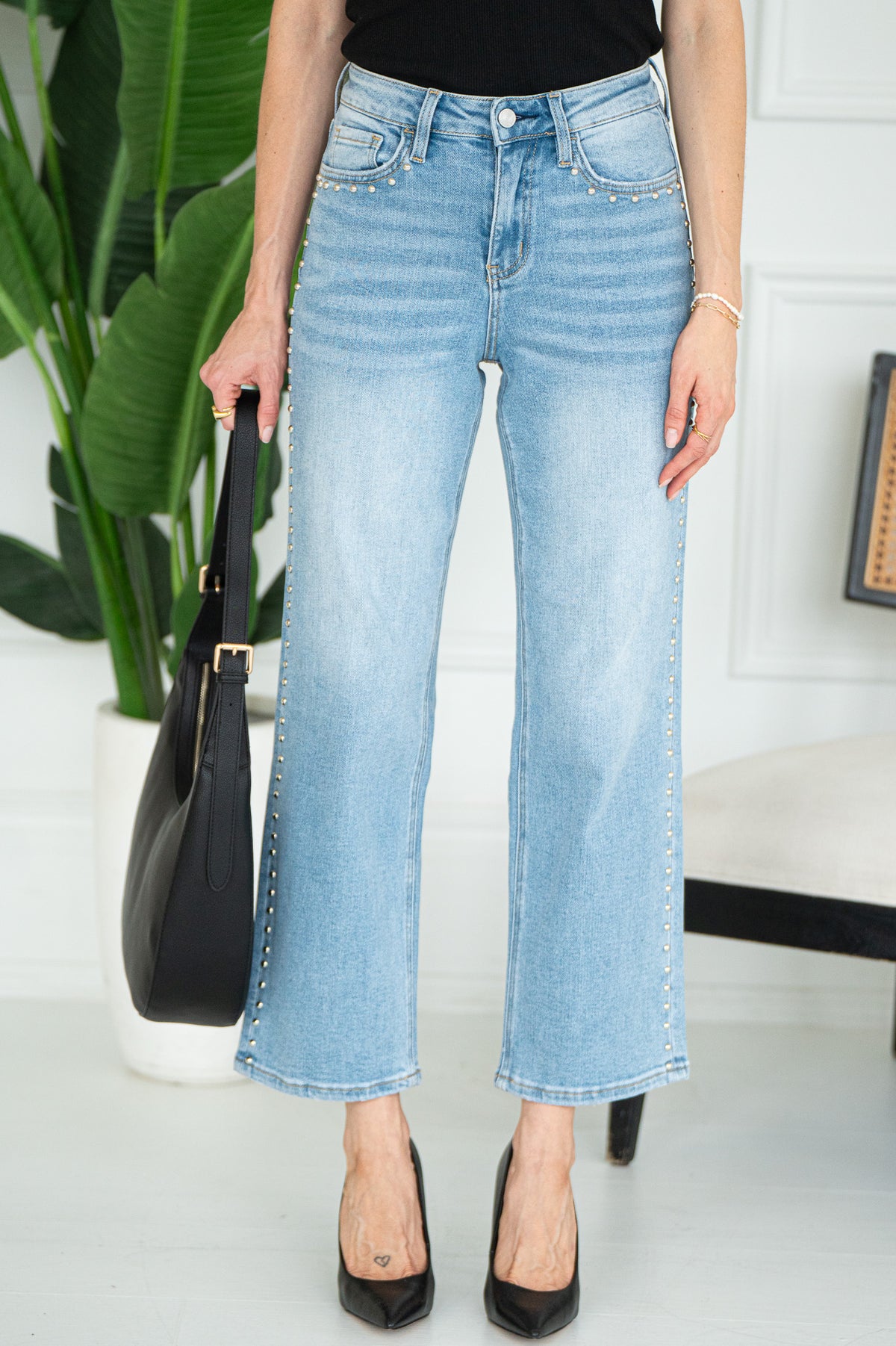 STUD SLIM WIDE LEG JEANS-LB