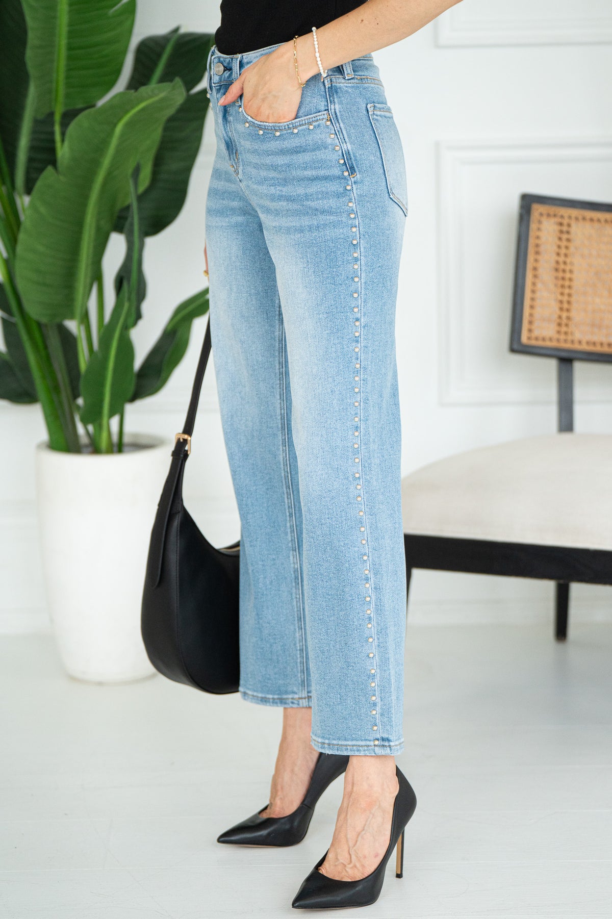 STUD SLIM WIDE LEG JEANS-LB