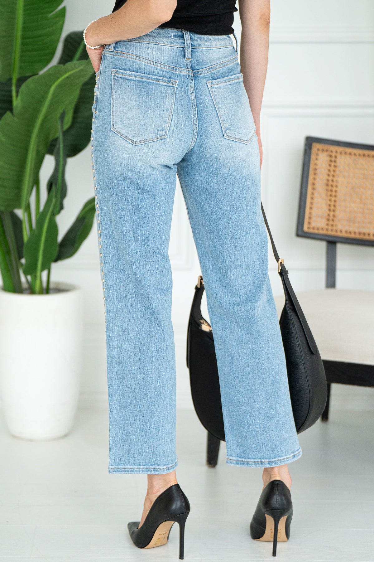 STUD SLIM WIDE LEG JEANS-LB