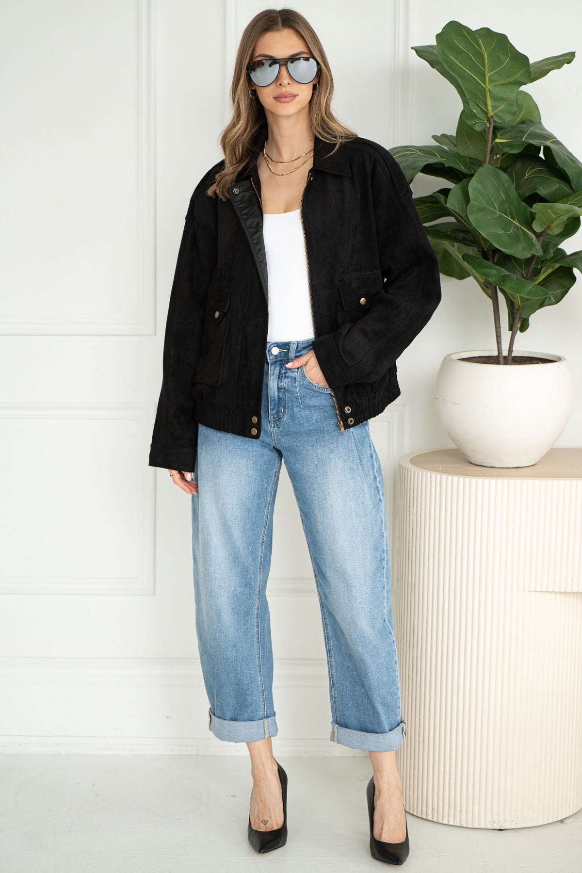 JOVEY FAUX SUEDE BOMBER-BK