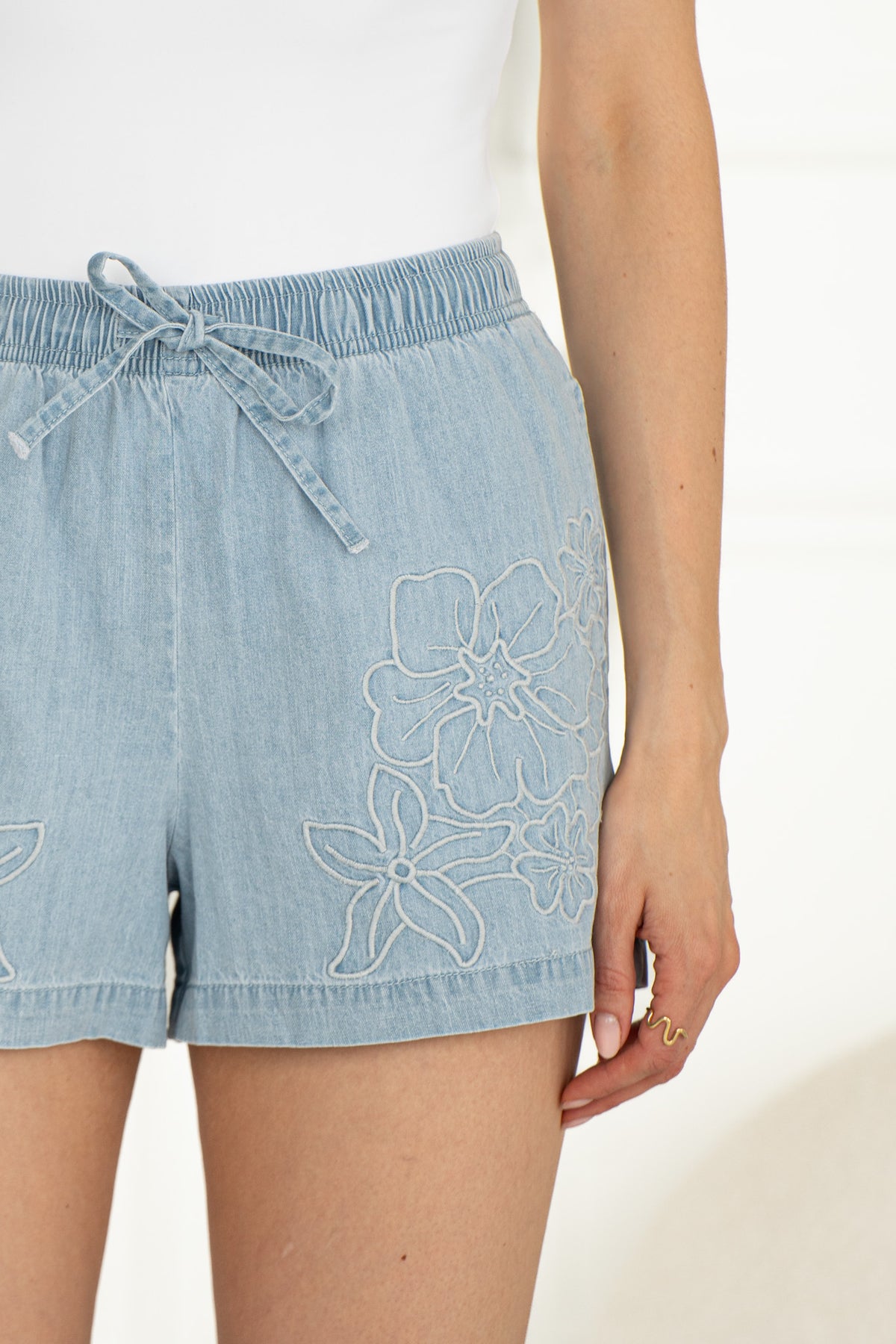 JOY EMBROIDERED LIGHTWEIGHT DENIM SHORTS
