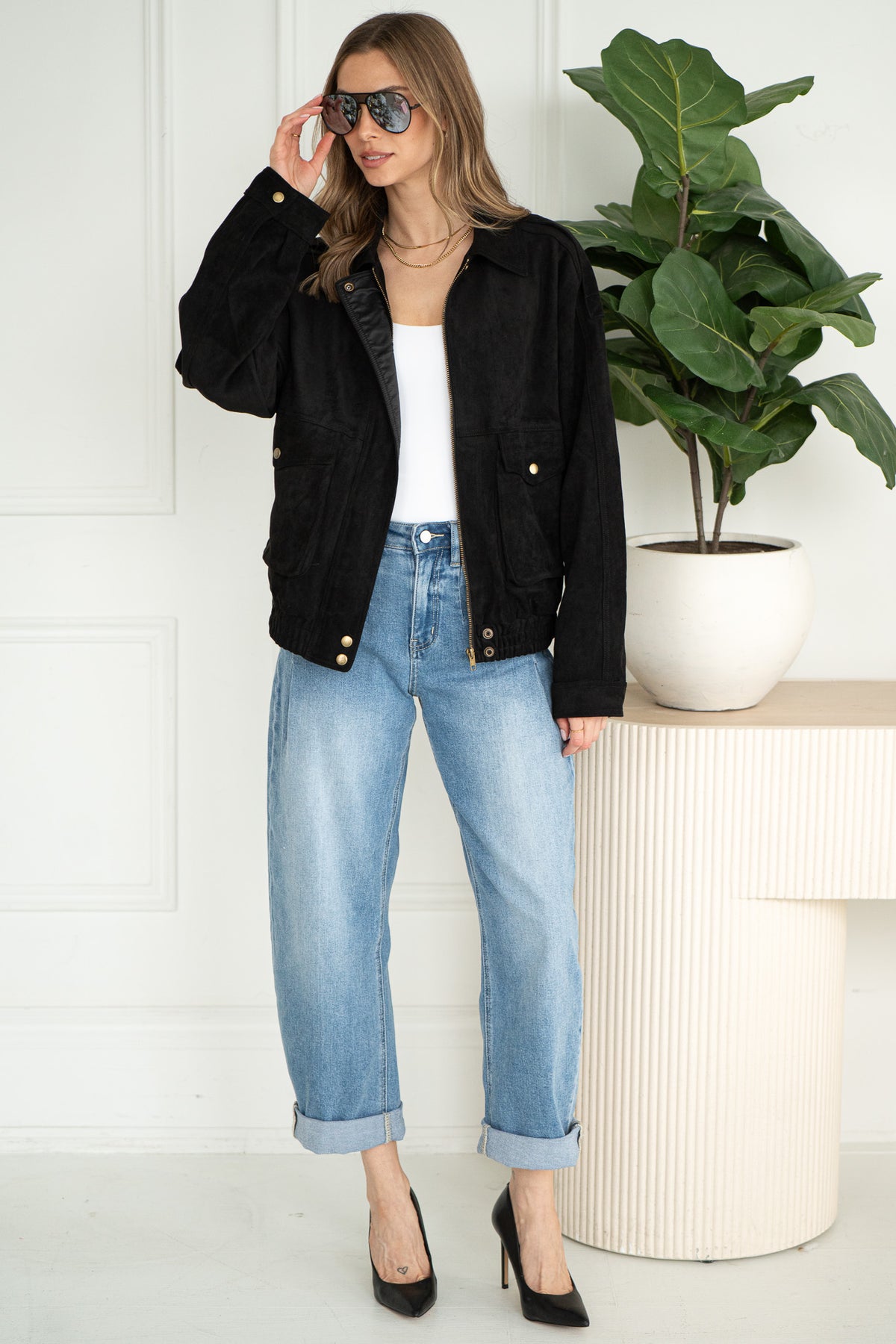 JOVEY FAUX SUEDE BOMBER-BK
