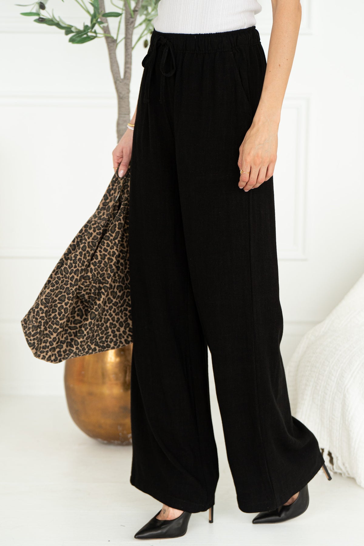 SEA BREEZE WIDE LEG LINEN PANTS-BK